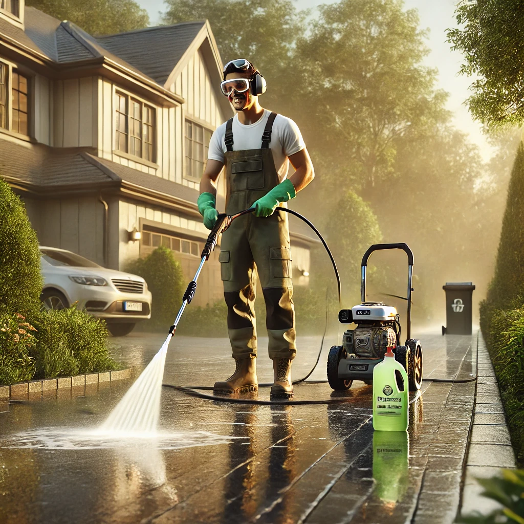 n-eco-friendly-pressure-washer-on-a-concrete-driveway-in-front-of-a-suburban-house-wearing-protective-