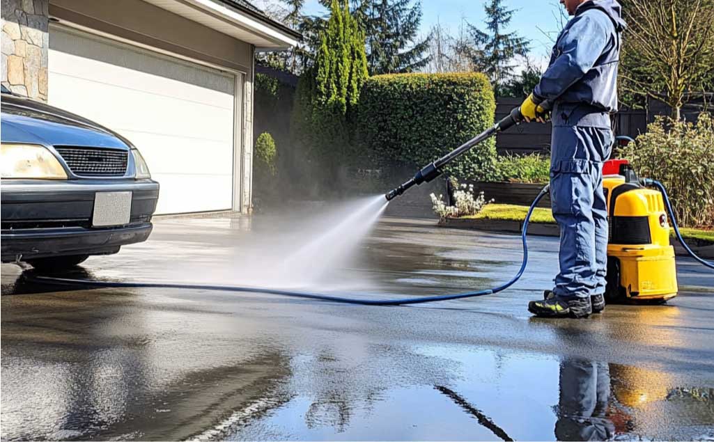 A man pressure washing a driveway in ideal conditions