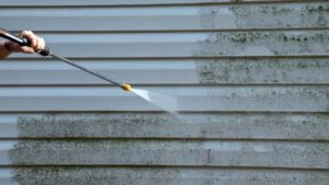 Pressure washing mold and mildew off of the side of a home in Tallahassee, Florida