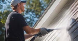 A man on a ladder pressure washing the wall of a residential home