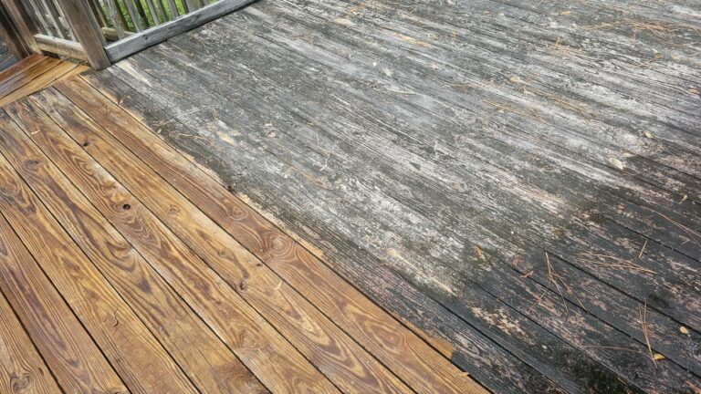 Deck boards before and after pressure washing contrast in Tallahassee, FL