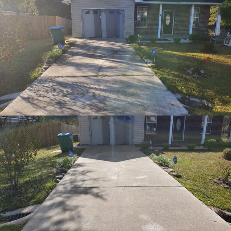 Before and after driveway pressure washing clean result
