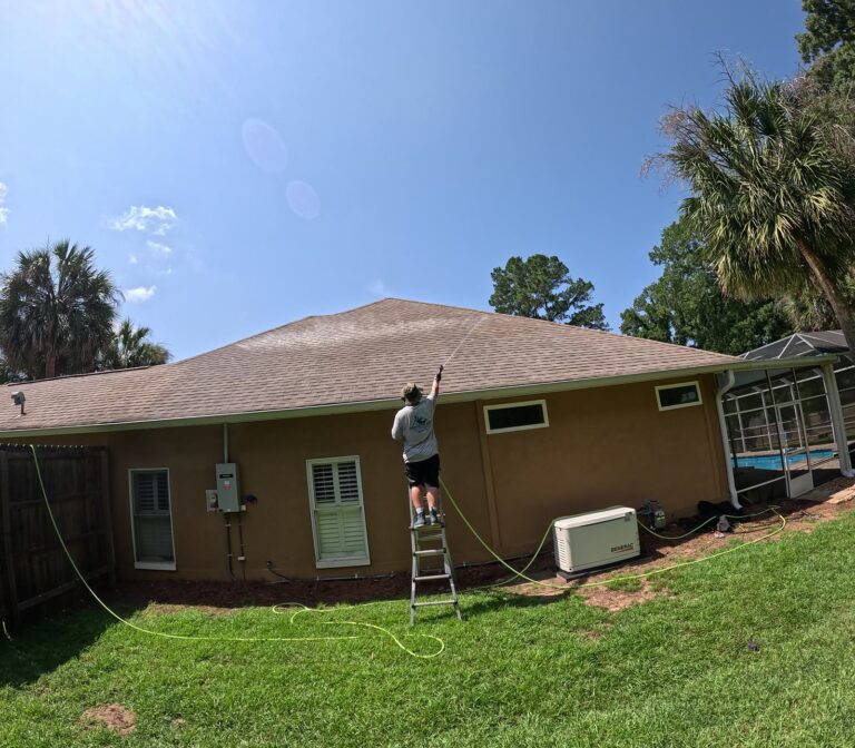 Roof Cleaning 2 Soft washing a shingle roof from a ladder in Tallahassee, FL