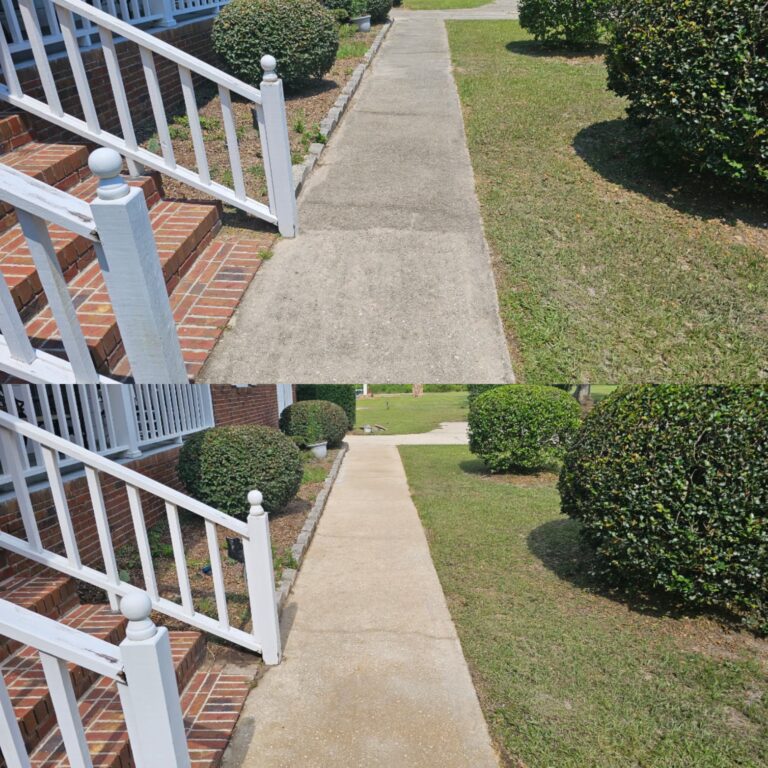Sidewalk-Patio Cleaning 4 Before and after pressure washed concrete sidewalk
