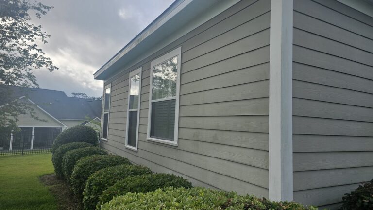 Clean gray vinyl siding after house washing in SouthWood, Tallahassee, FL