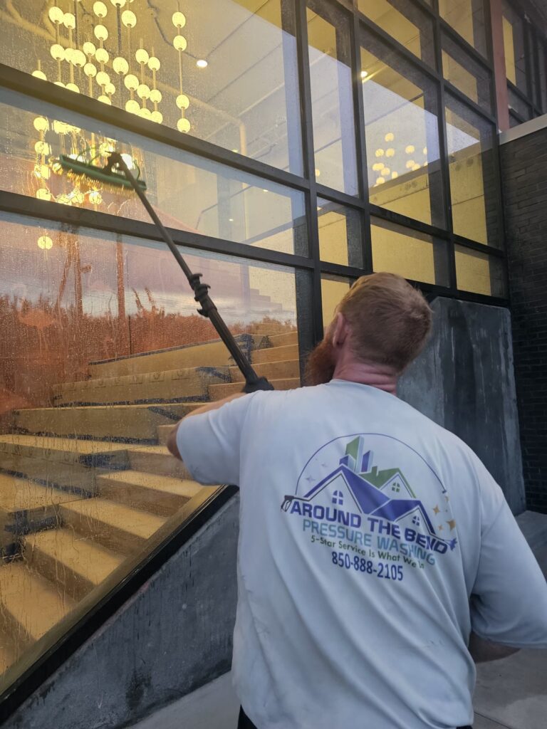 Post-construction window cleaning on a new commercial building in Tallahassee, FL